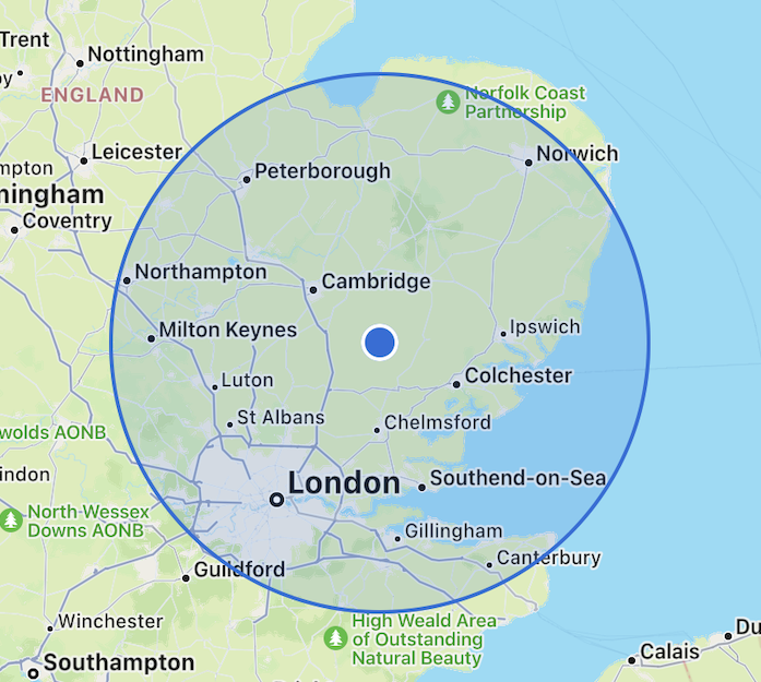 East of England map highlighting 50 mile collection radius from Essex.