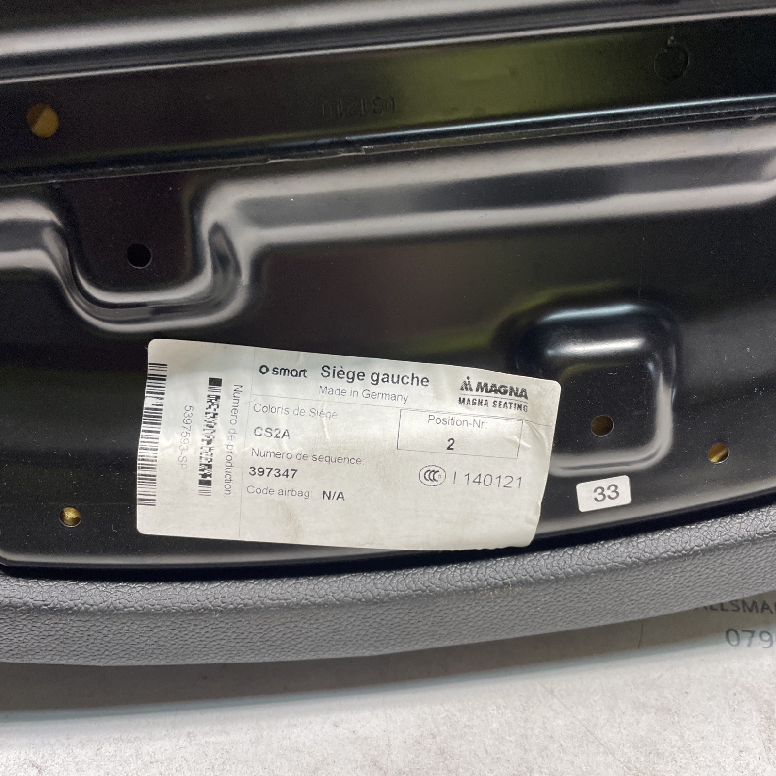 SMART CAR 451 FORTWO 2007 2014 BLACK Fabric PASSENGER / DRIVERS SEAT BASE Image 6